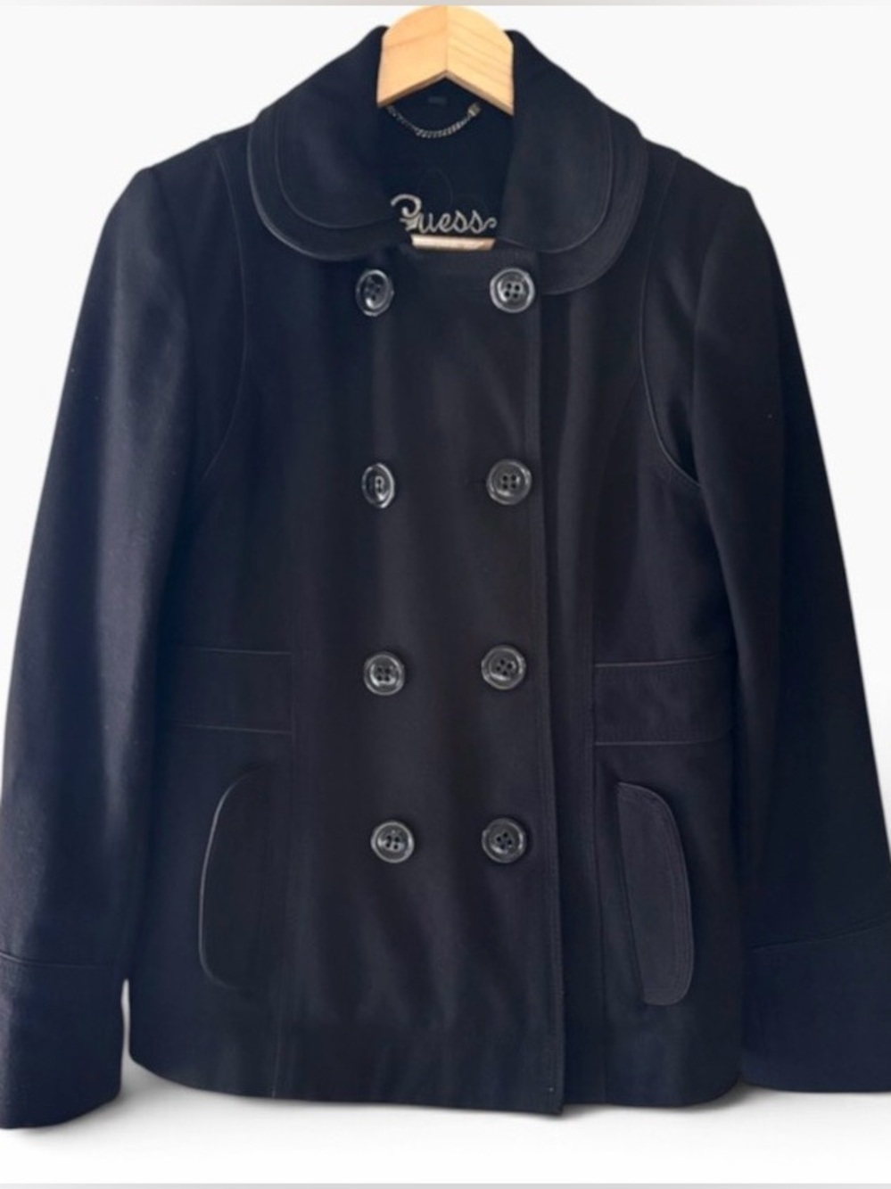 Stylish Guess Women's Wool Black Double-Breasted Pea Coat Y2K Size M